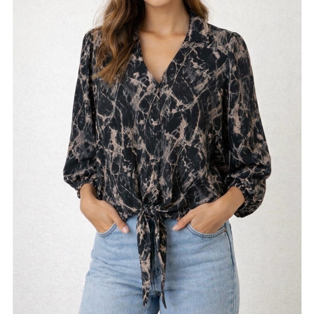Tolani 100% Silk Black Minimalist Button Front Waist Tie Blouse Top Semi Sheer